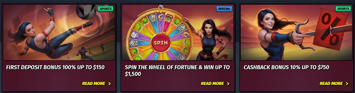 Promotional casino cards featuring a first deposit bonus up to $150, a wheel of fortune prize offer up to $1,500, and a cashback bonus of 10% up to $750, with action-themed artwork and “Read More” links.