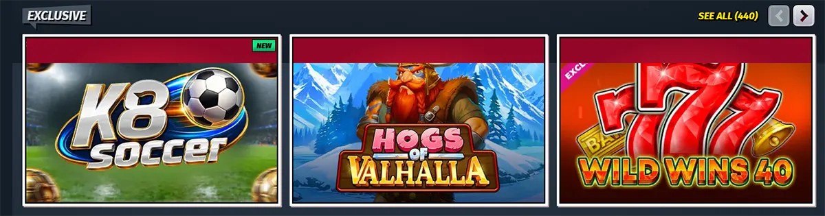 Exclusive games section featuring K8 Soccer, Hogs of Valhalla, and Wild Wins 40, with a “See all” link and navigation arrows on a dark blue casino interface.