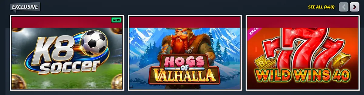 Exclusive games section featuring K8 Soccer, Hogs of Valhalla, and Wild Wins 40, with a “See all” link and navigation arrows on a dark blue casino interface.