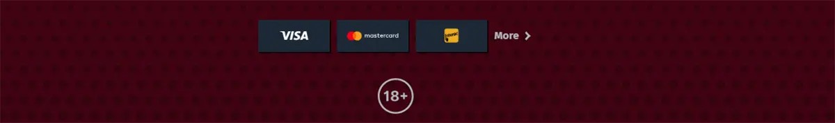 Payment methods footer with Visa, Mastercard, and Maestro icons, a “More” link, and an 18+ badge on a red patterned background.