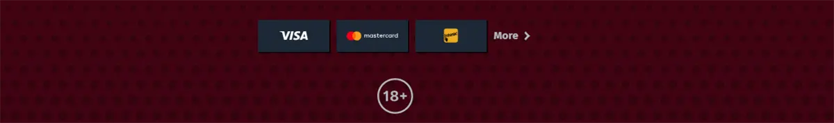 Payment methods footer with Visa, Mastercard, and Maestro icons, a “More” link, and an 18+ badge on a red patterned background.