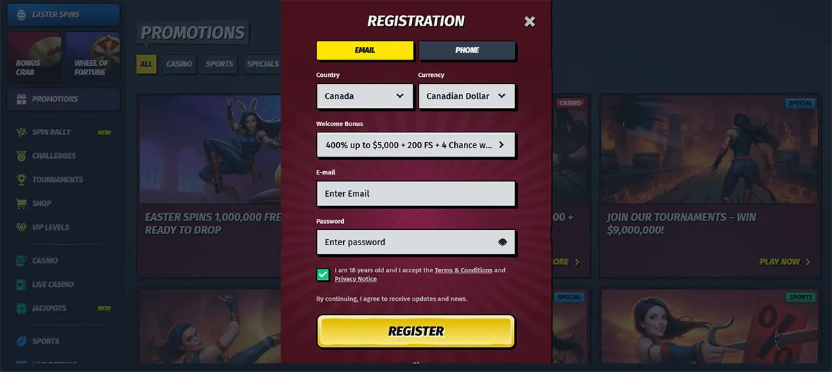 Casino registration popup with email and phone tabs, country and currency dropdowns, welcome bonus selector, email and password fields, consent checkbox, and a yellow register button over a dark promotions page.
